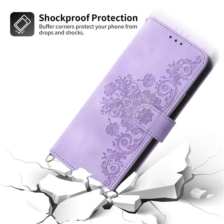 For Samsung Galaxy A53 5G Supporting Stand Skin-touch Imprinted Flowers Pattern Leather Case Wallet Phone Cover with Wrist Strap and Shoulder Strap - Light Purple