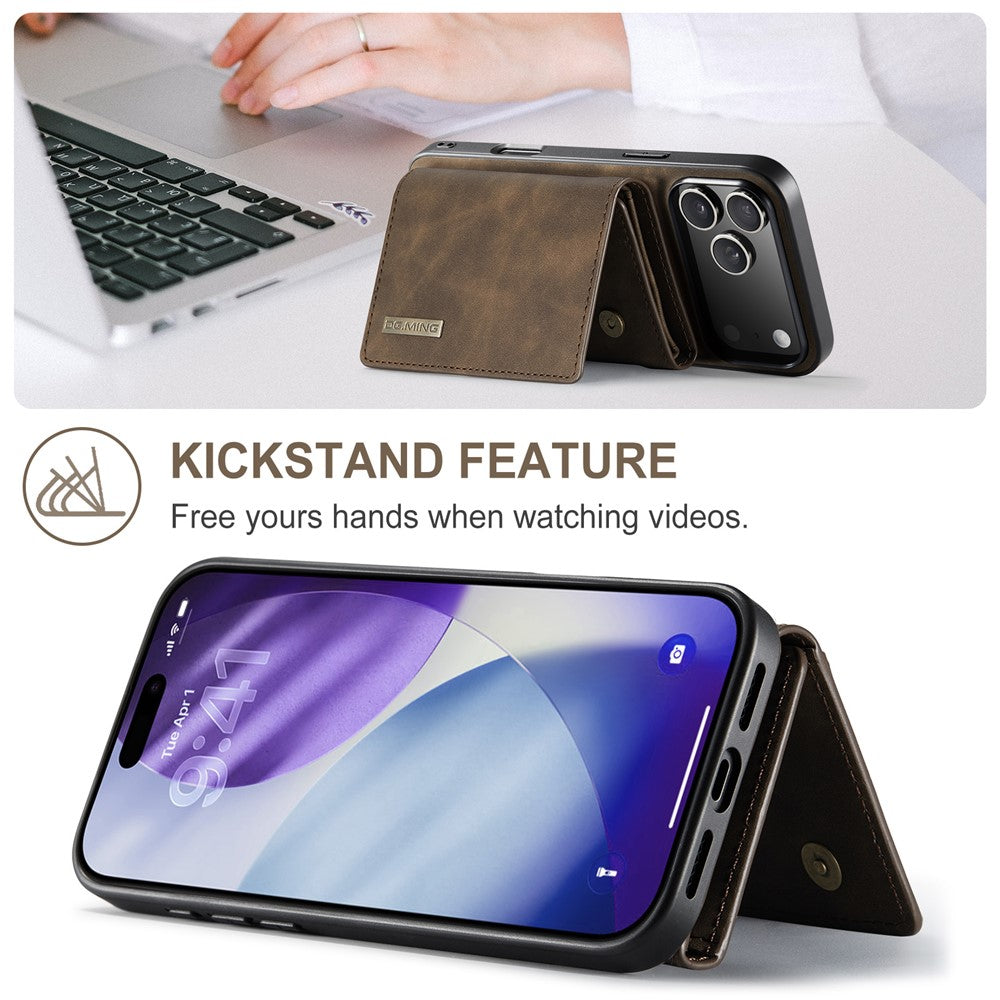 DG.MING M1 Series for iPhone 17 Pro Max Case Kickstand PU Phone Cover with Detachable Wallet - Coffee
