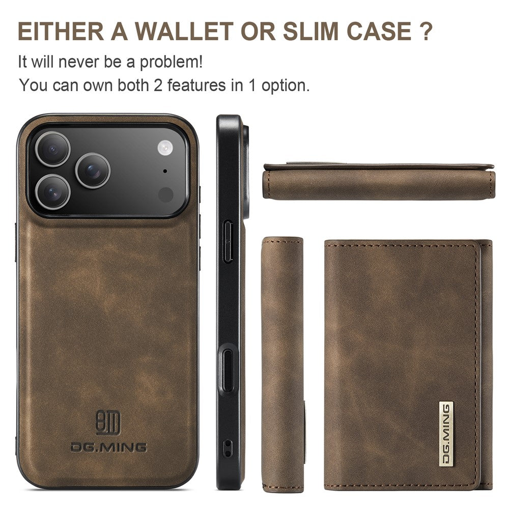 DG.MING M1 Series for iPhone 17 Pro Max Case Kickstand PU Phone Cover with Detachable Wallet - Coffee