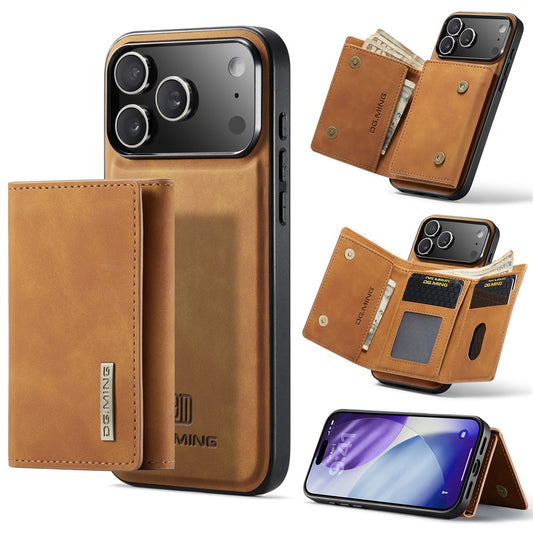 DG.MING M1 Series for iPhone 17 Pro Max Case Kickstand PU Phone Cover with Detachable Wallet - Brown