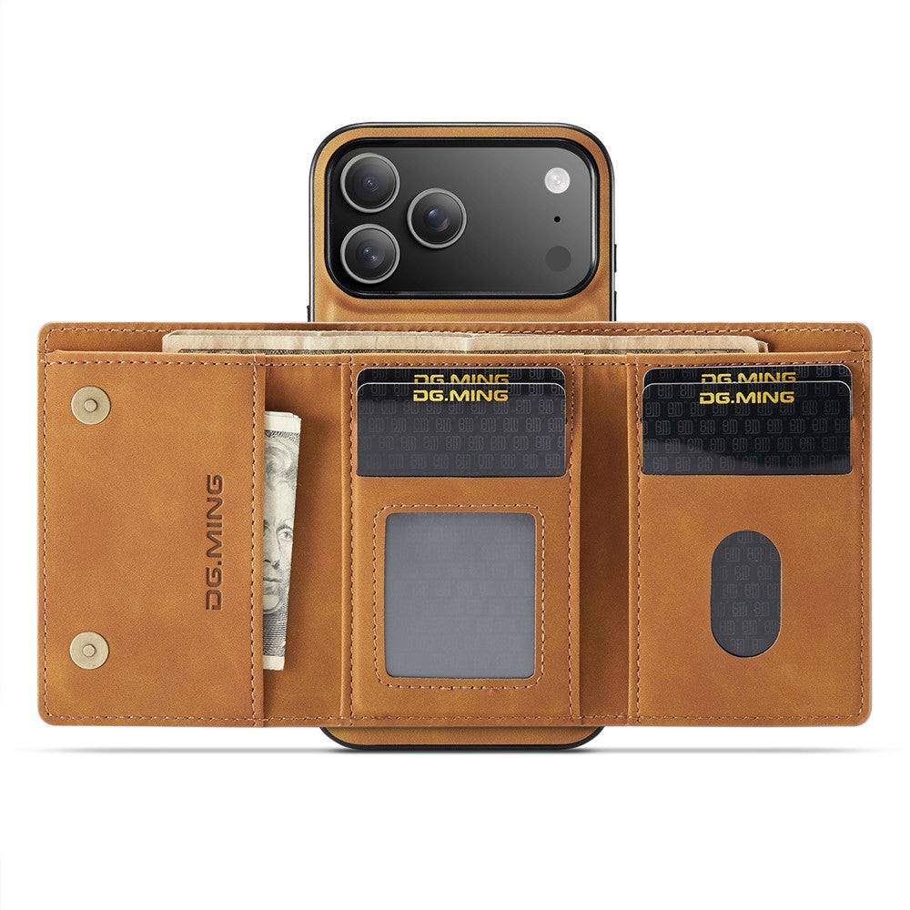 DG.MING M1 Series for iPhone 17 Pro Max Case Kickstand PU Phone Cover with Detachable Wallet - Brown