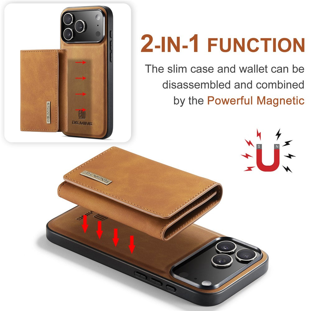DG.MING M1 Series for iPhone 17 Pro Max Case Kickstand PU Phone Cover with Detachable Wallet - Brown