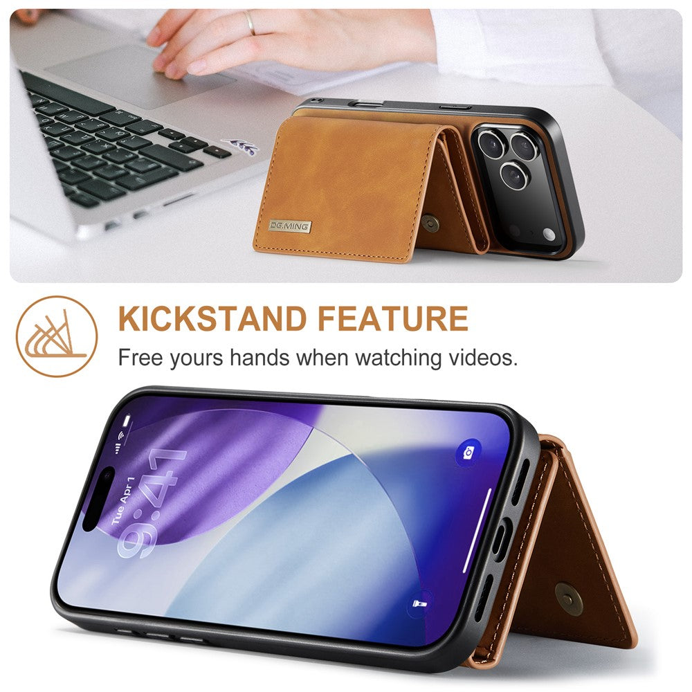DG.MING M1 Series for iPhone 17 Pro Max Case Kickstand PU Phone Cover with Detachable Wallet - Brown