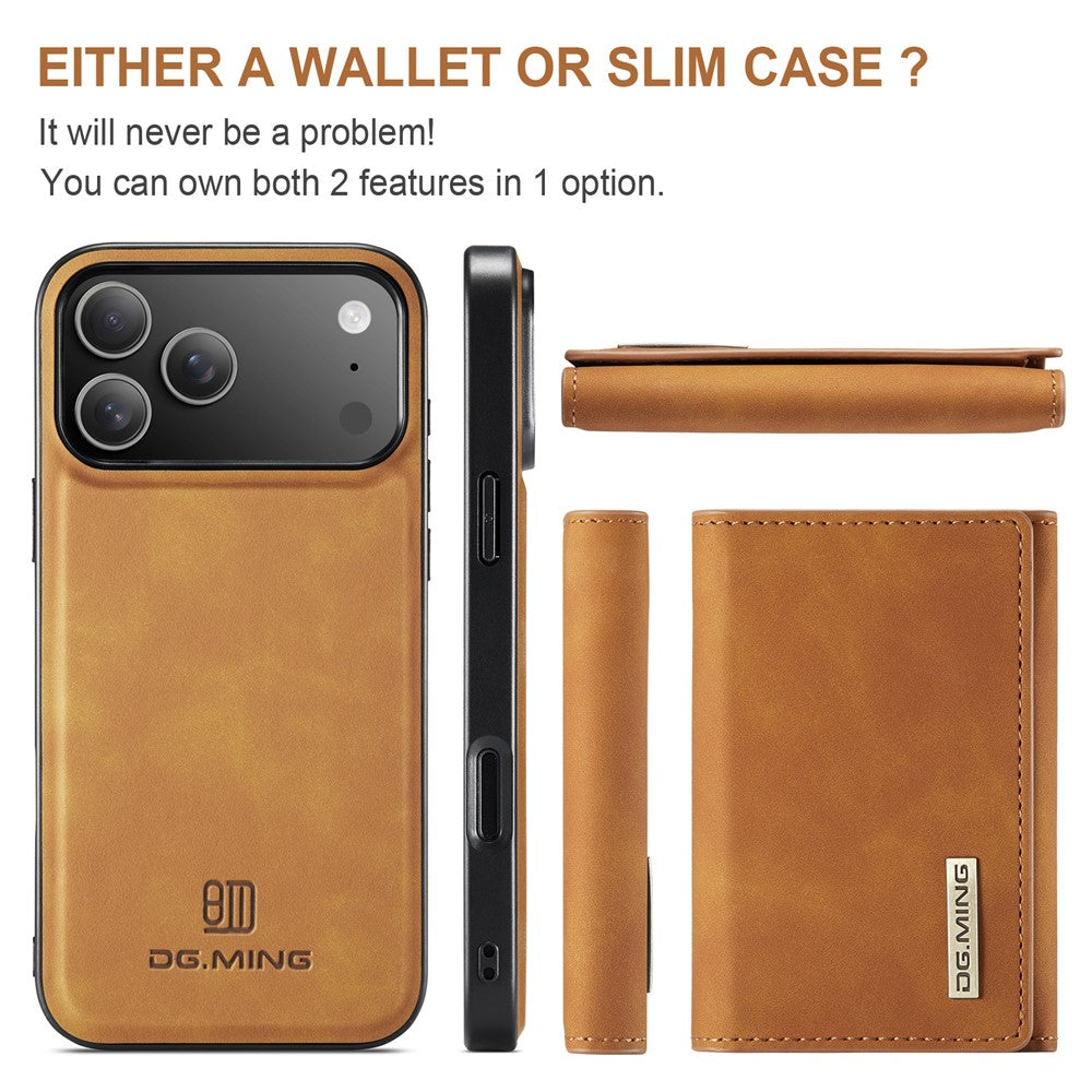 DG.MING M1 Series for iPhone 17 Pro Max Case Kickstand PU Phone Cover with Detachable Wallet - Brown