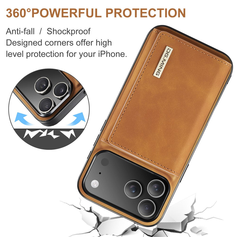 DG.MING M1 Series for iPhone 17 Pro Max Case Kickstand PU Phone Cover with Detachable Wallet - Brown