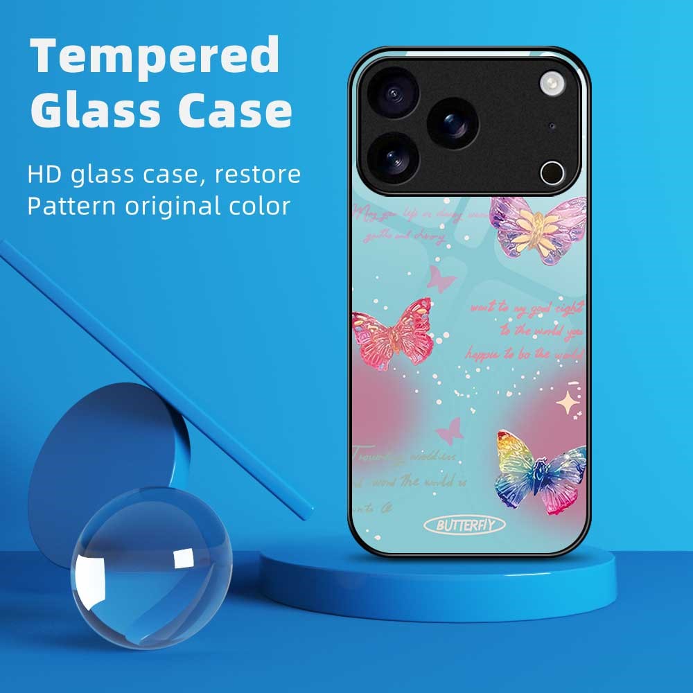For iPhone 17 Pro Max Case Anti Drop TPU PC Tempered Glass Pattern Printing Phone Back Cover - B0199