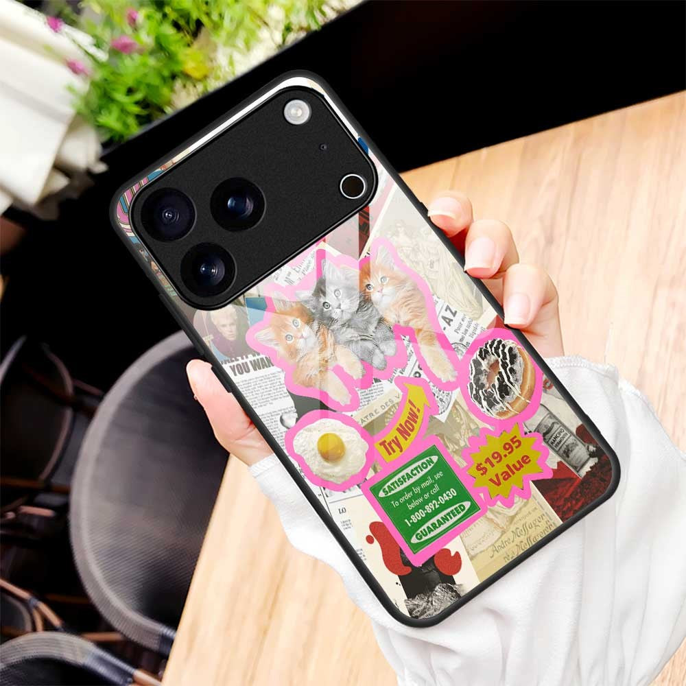 For iPhone 17 Pro Max Case TPU PC Tempered Glass Pattern Printing Anti Drop Phone Back Cover - B0234