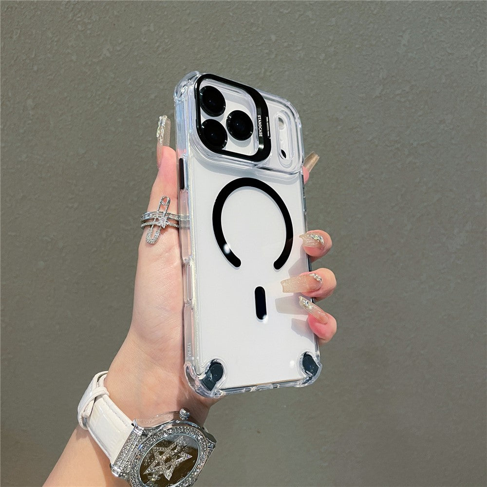 For iPhone 17 Pro Max Magnetic Case TPU PC Clear Kickstand Phone Cover with Tempered Glass Lens Films - Black