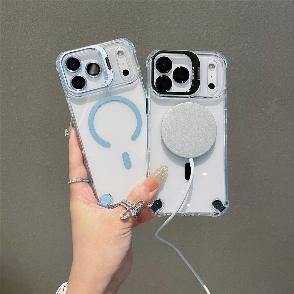 For iPhone 17 Pro Max Magnetic Case TPU PC Clear Kickstand Phone Cover with Tempered Glass Lens Films - Titanium Grey