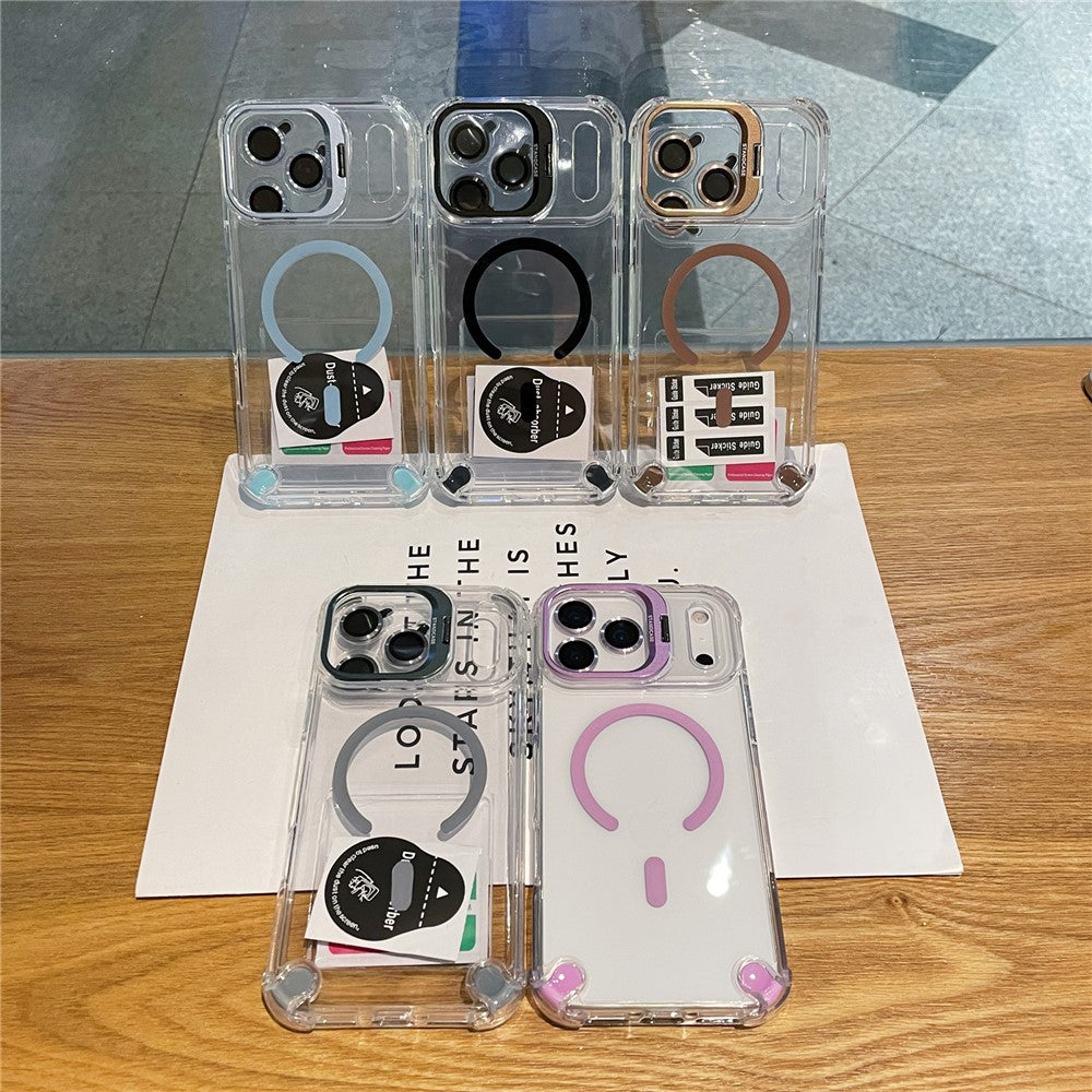 For iPhone 17 Pro Max Magnetic Case TPU PC Clear Kickstand Phone Cover with Tempered Glass Lens Films - Brown