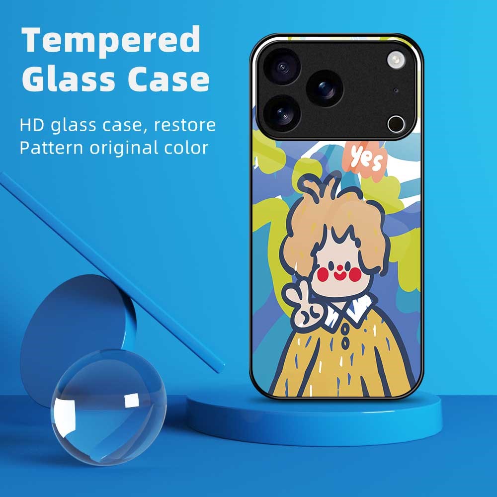For iPhone 17 Pro Max Case PC TPU Tempered Glass Pattern Printing Shockproof Phone Back Cover - B0328
