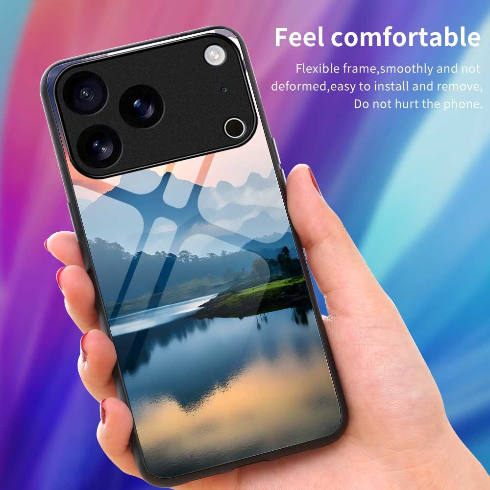 For iPhone 17 Pro Max Case PC TPU Tempered Glass Pattern Printing Shockproof Phone Back Cover - B0339