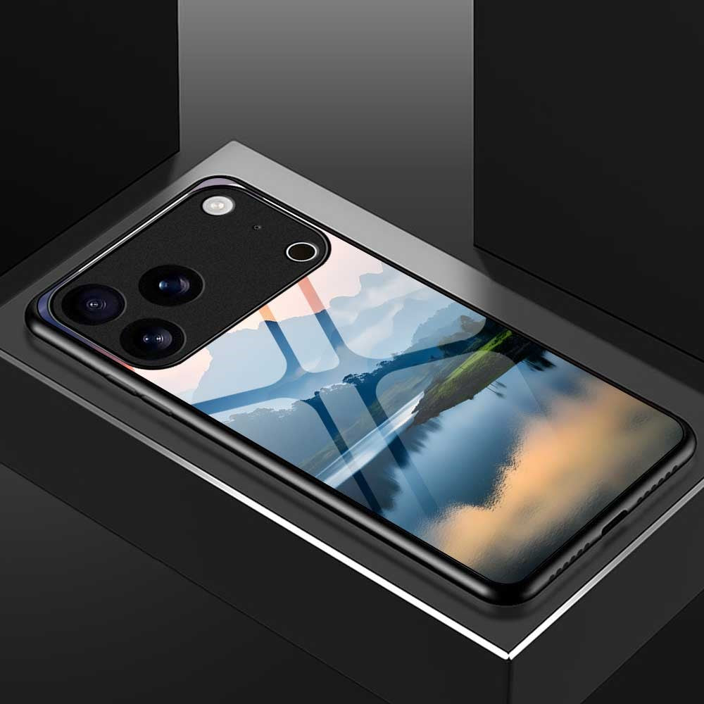 For iPhone 17 Pro Max Case PC TPU Tempered Glass Pattern Printing Shockproof Phone Back Cover - B0339