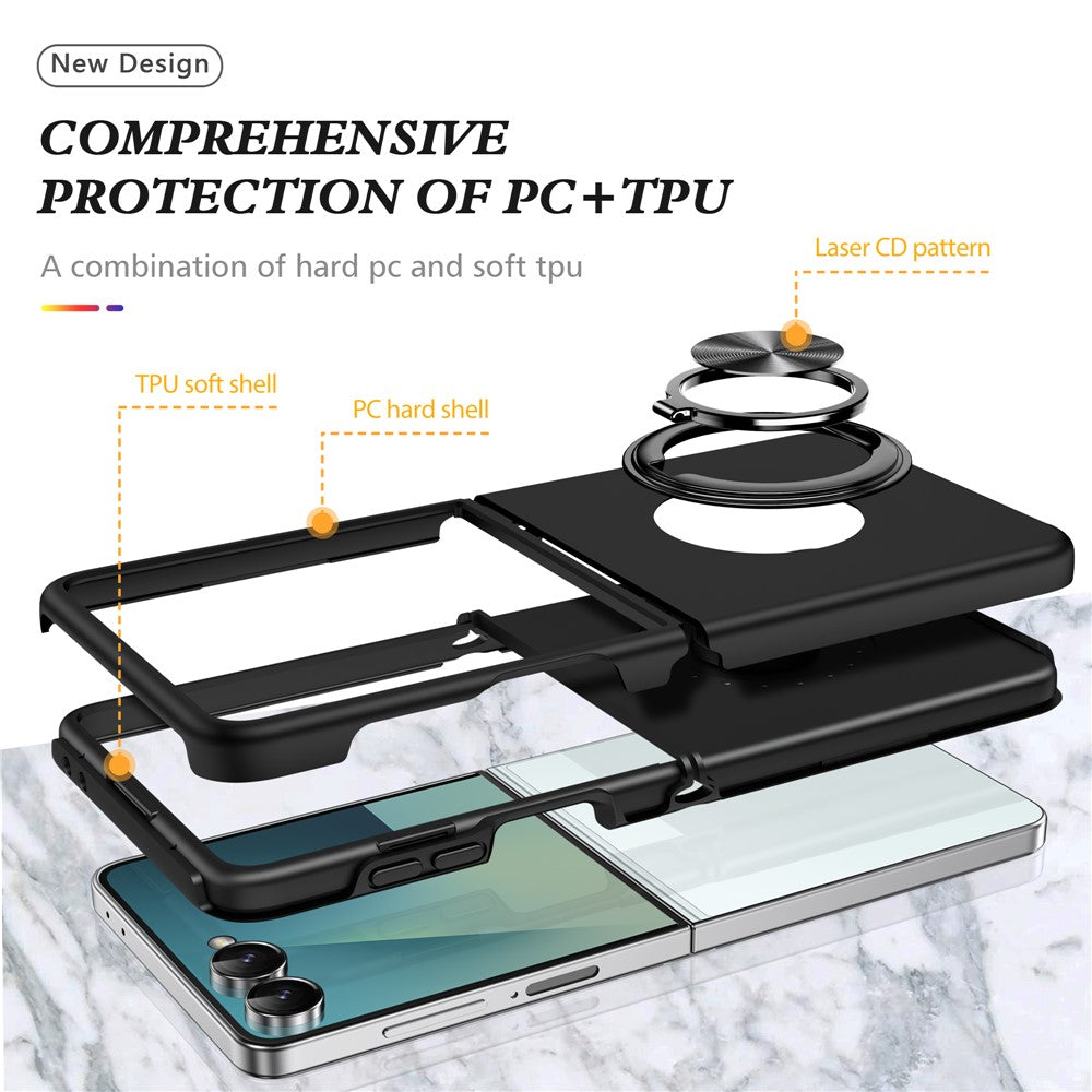 For Samsung Galaxy Z Flip7 5G Case PC + TPU Phone Cover with Rotatable Ring Holder - Black