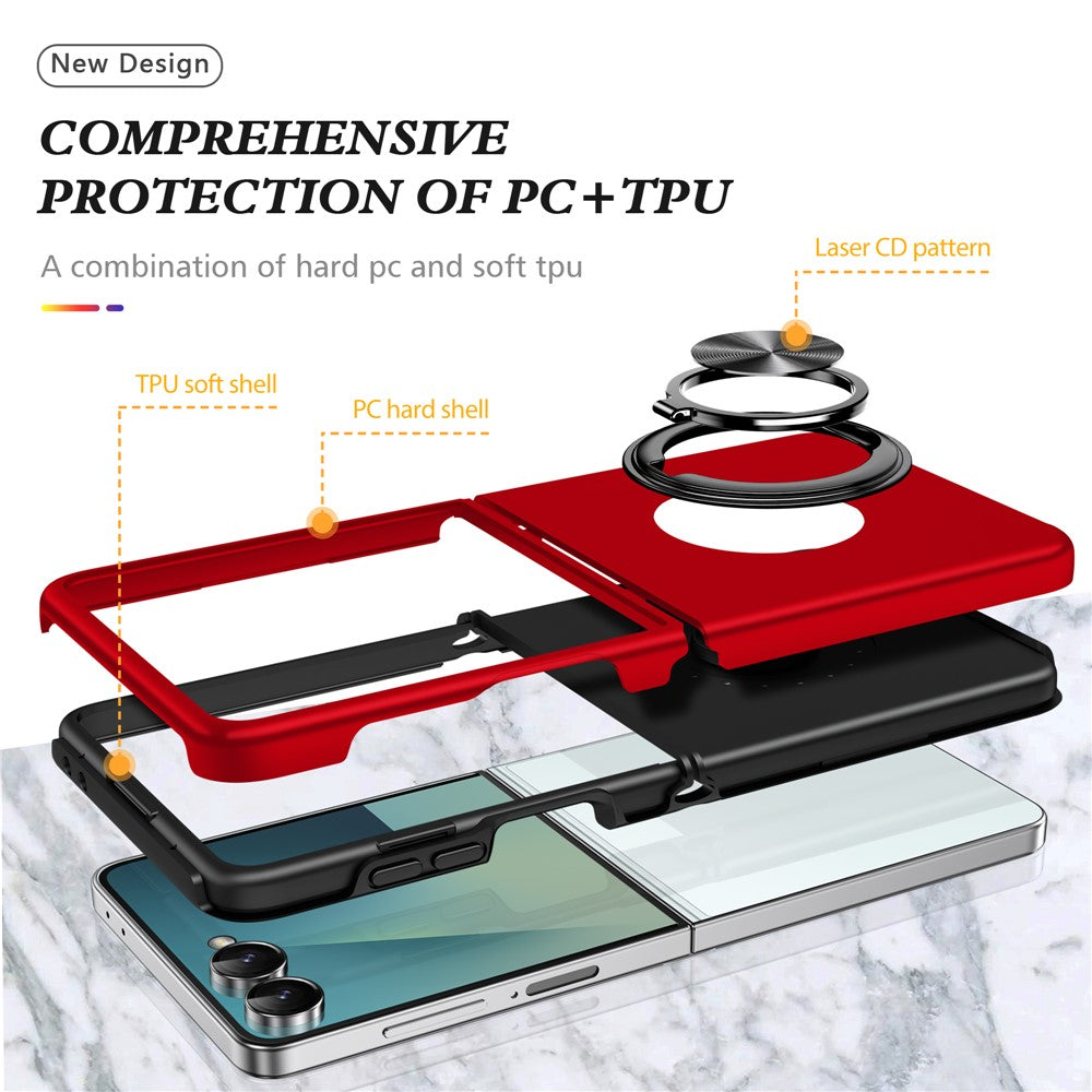 For Samsung Galaxy Z Flip7 5G Case PC + TPU Phone Cover with Rotatable Ring Holder - Red