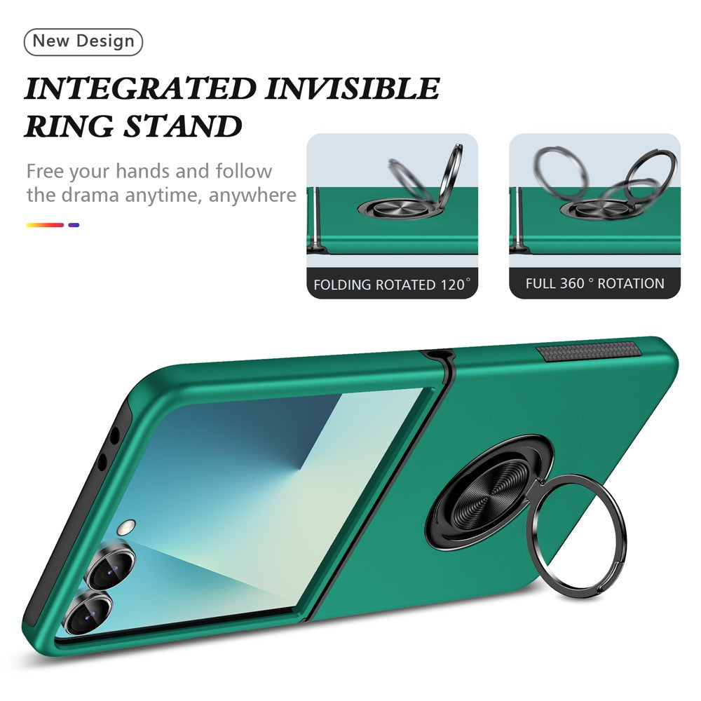 For Samsung Galaxy Z Flip7 5G Case PC + TPU Phone Cover with Rotatable Ring Holder - Blackish Green