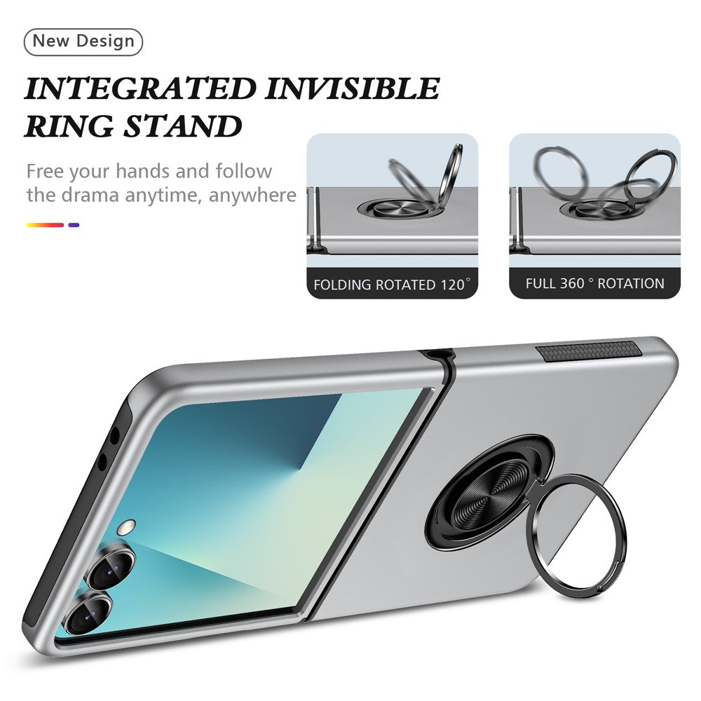 For Samsung Galaxy Z Flip7 5G Case PC + TPU Phone Cover with Rotatable Ring Holder - Silver