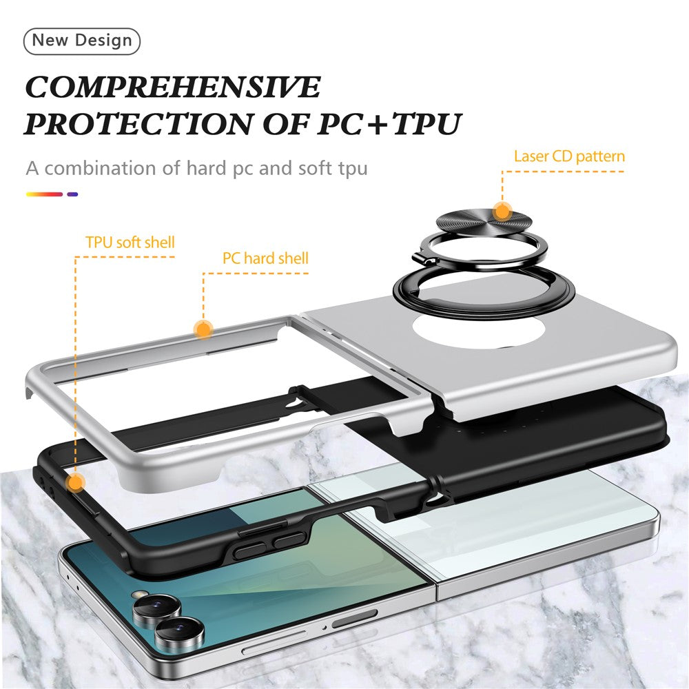 For Samsung Galaxy Z Flip7 5G Case PC + TPU Phone Cover with Rotatable Ring Holder - Silver