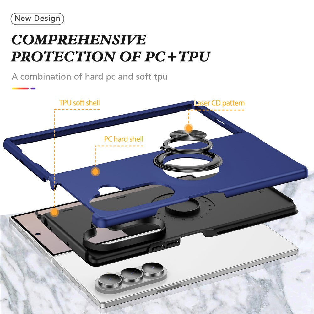 For Samsung Galaxy Z Fold7 5G Case PC + TPU Phone Cover with Rotatable Ring Holder - Blue