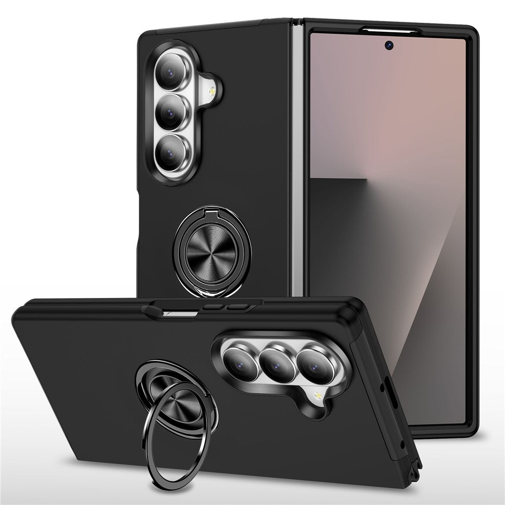 For Samsung Galaxy Z Fold7 5G Case PC + TPU Phone Cover with Rotatable Ring Holder - Black