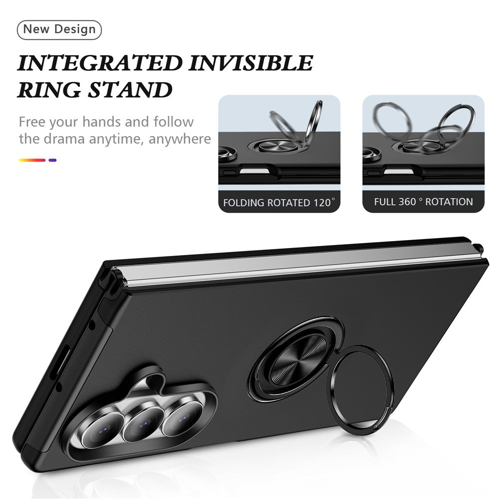 For Samsung Galaxy Z Fold7 5G Case PC + TPU Phone Cover with Rotatable Ring Holder - Black
