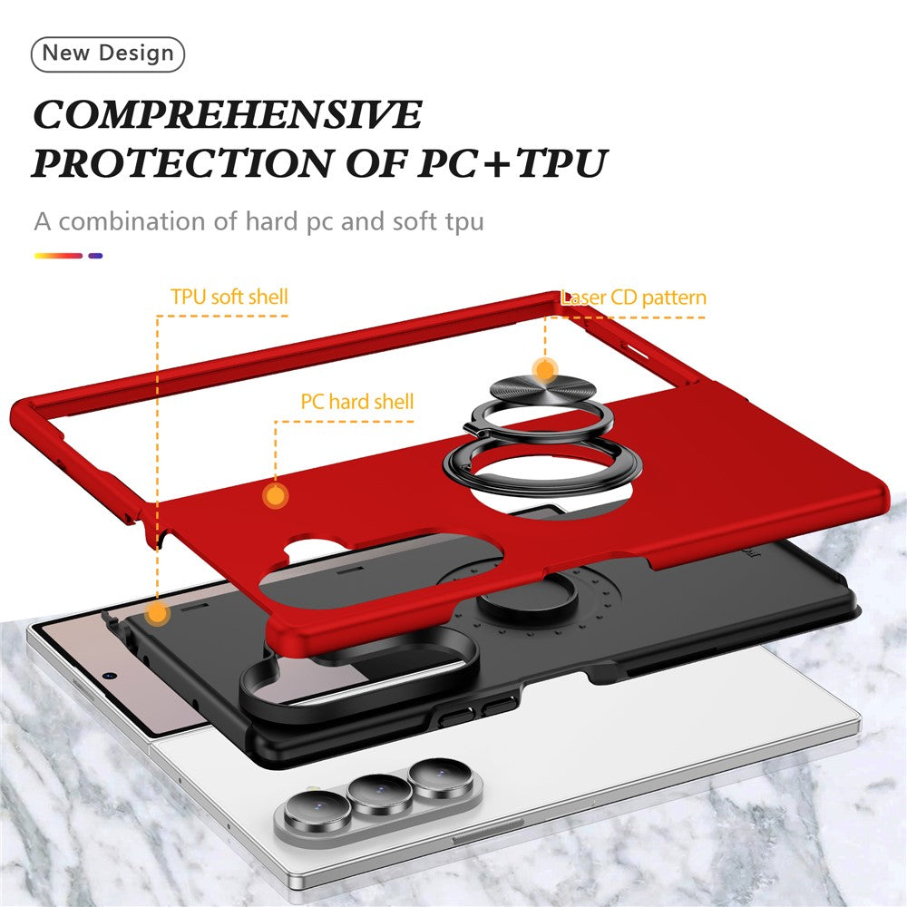 For Samsung Galaxy Z Fold7 5G Case PC + TPU Phone Cover with Rotatable Ring Holder - Red