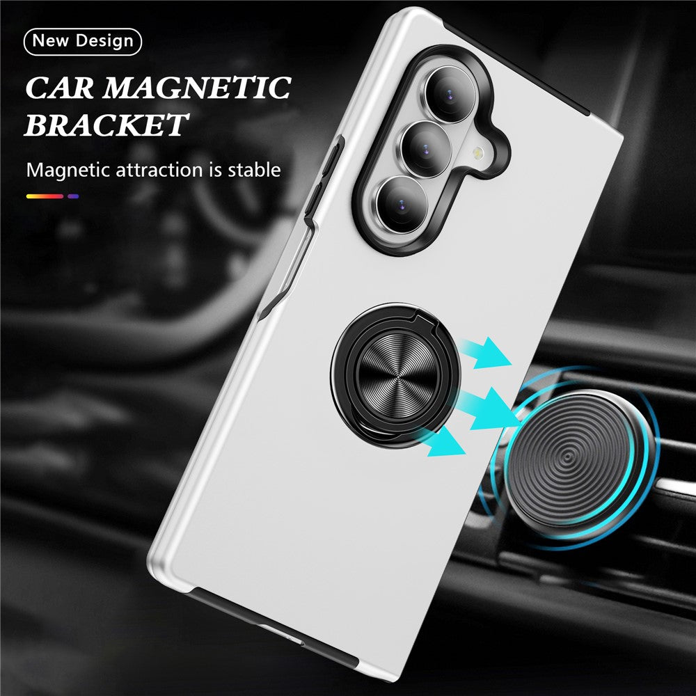 For Samsung Galaxy Z Fold7 5G Case PC + TPU Phone Cover with Rotatable Ring Holder - Silver