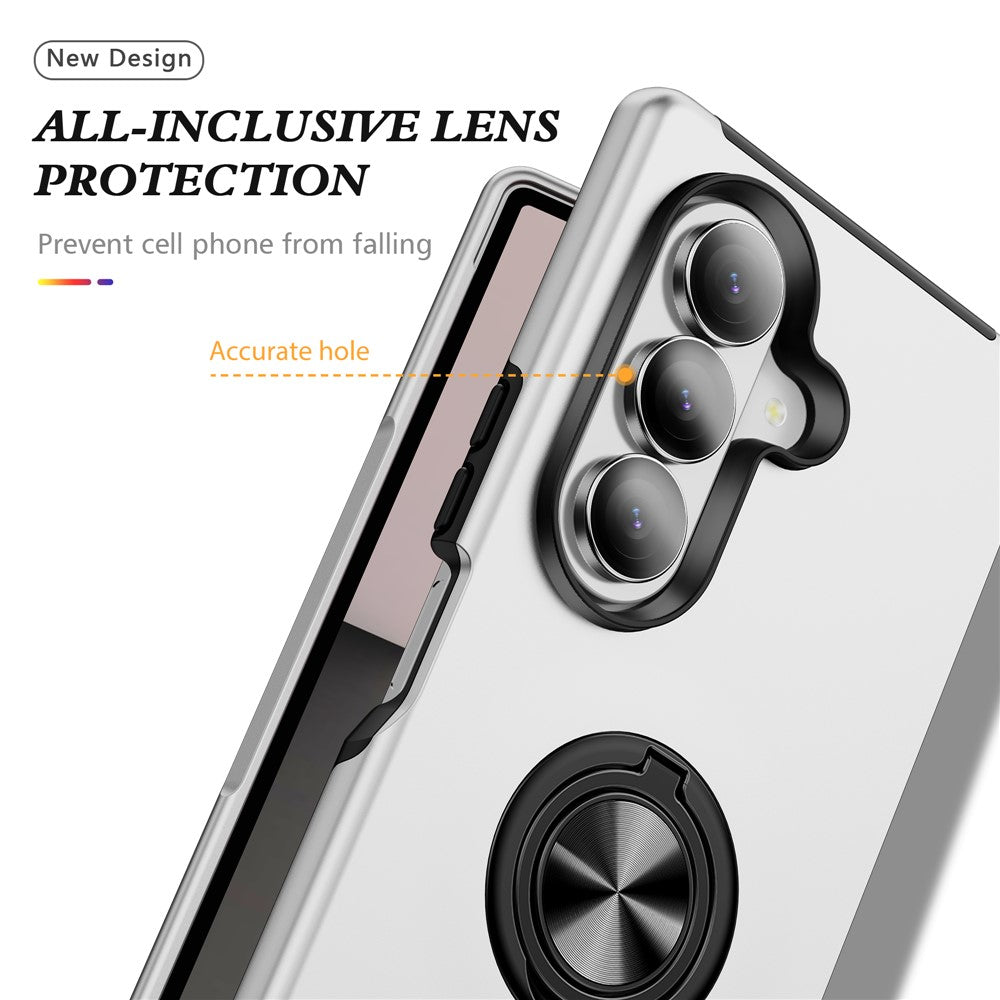 For Samsung Galaxy Z Fold7 5G Case PC + TPU Phone Cover with Rotatable Ring Holder - Silver