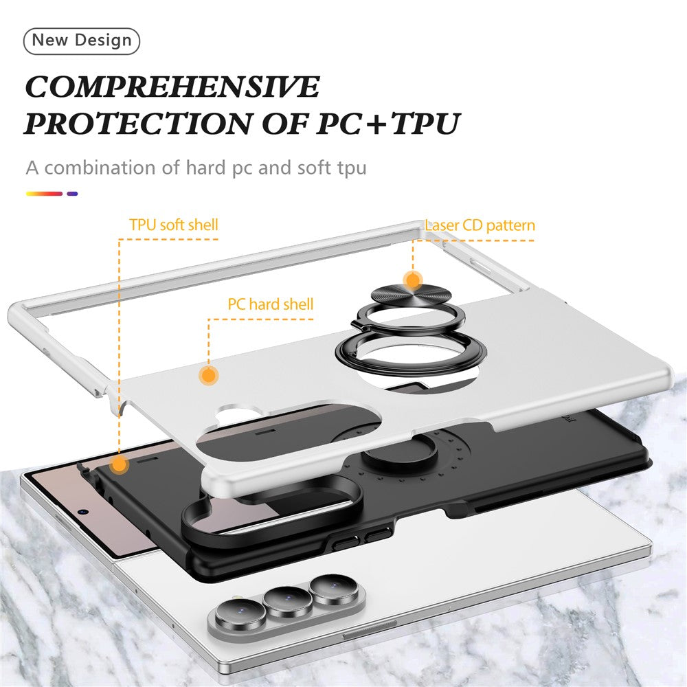 For Samsung Galaxy Z Fold7 5G Case PC + TPU Phone Cover with Rotatable Ring Holder - Silver
