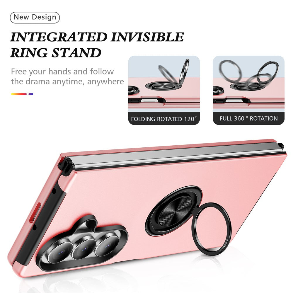 For Samsung Galaxy Z Fold7 5G Case PC + TPU Phone Cover with Rotatable Ring Holder - Rose Gold