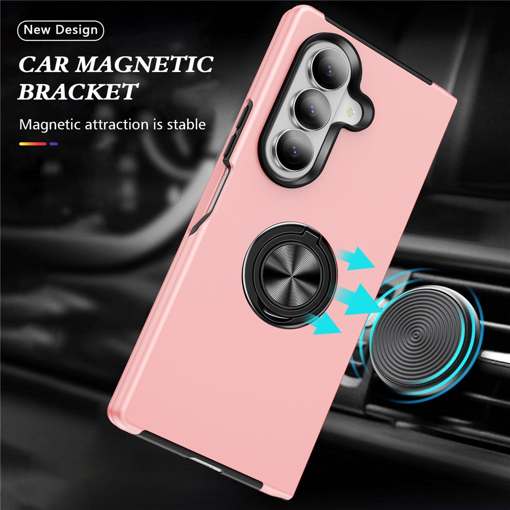 For Samsung Galaxy Z Fold7 5G Case PC + TPU Phone Cover with Rotatable Ring Holder - Rose Gold