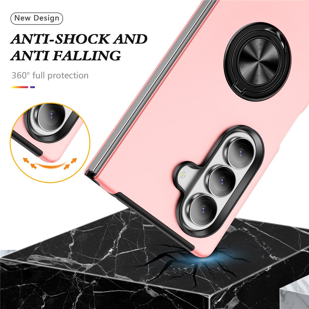 For Samsung Galaxy Z Fold7 5G Case PC + TPU Phone Cover with Rotatable Ring Holder - Rose Gold