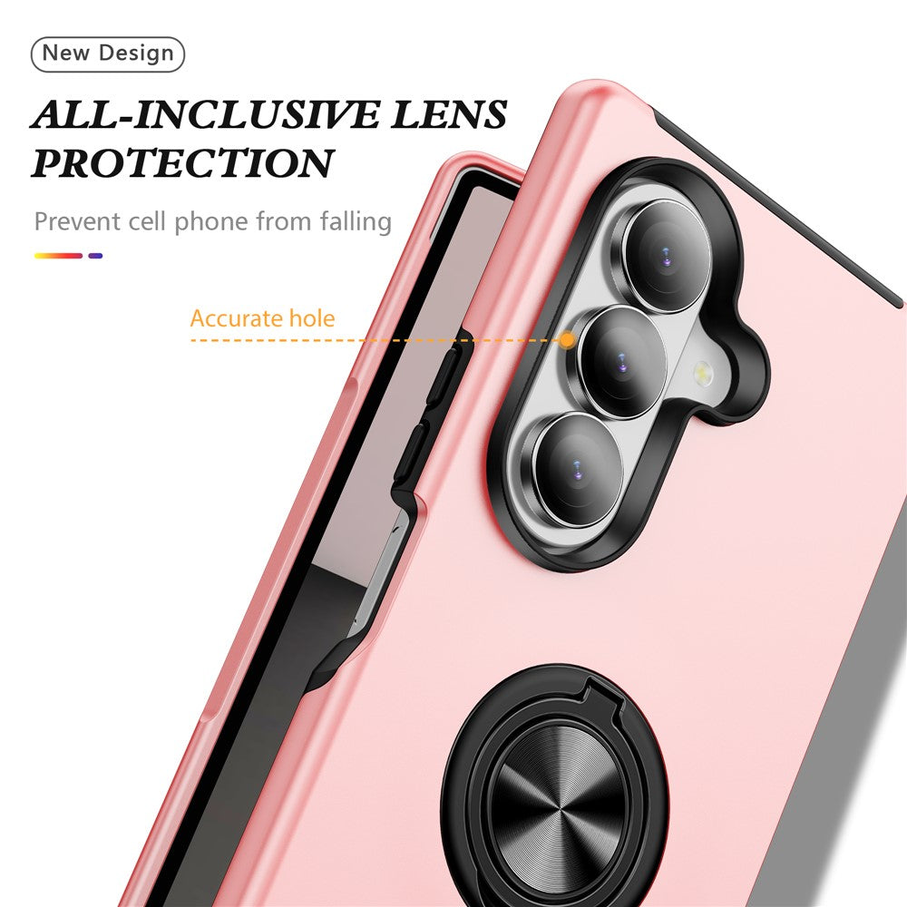 For Samsung Galaxy Z Fold7 5G Case PC + TPU Phone Cover with Rotatable Ring Holder - Rose Gold