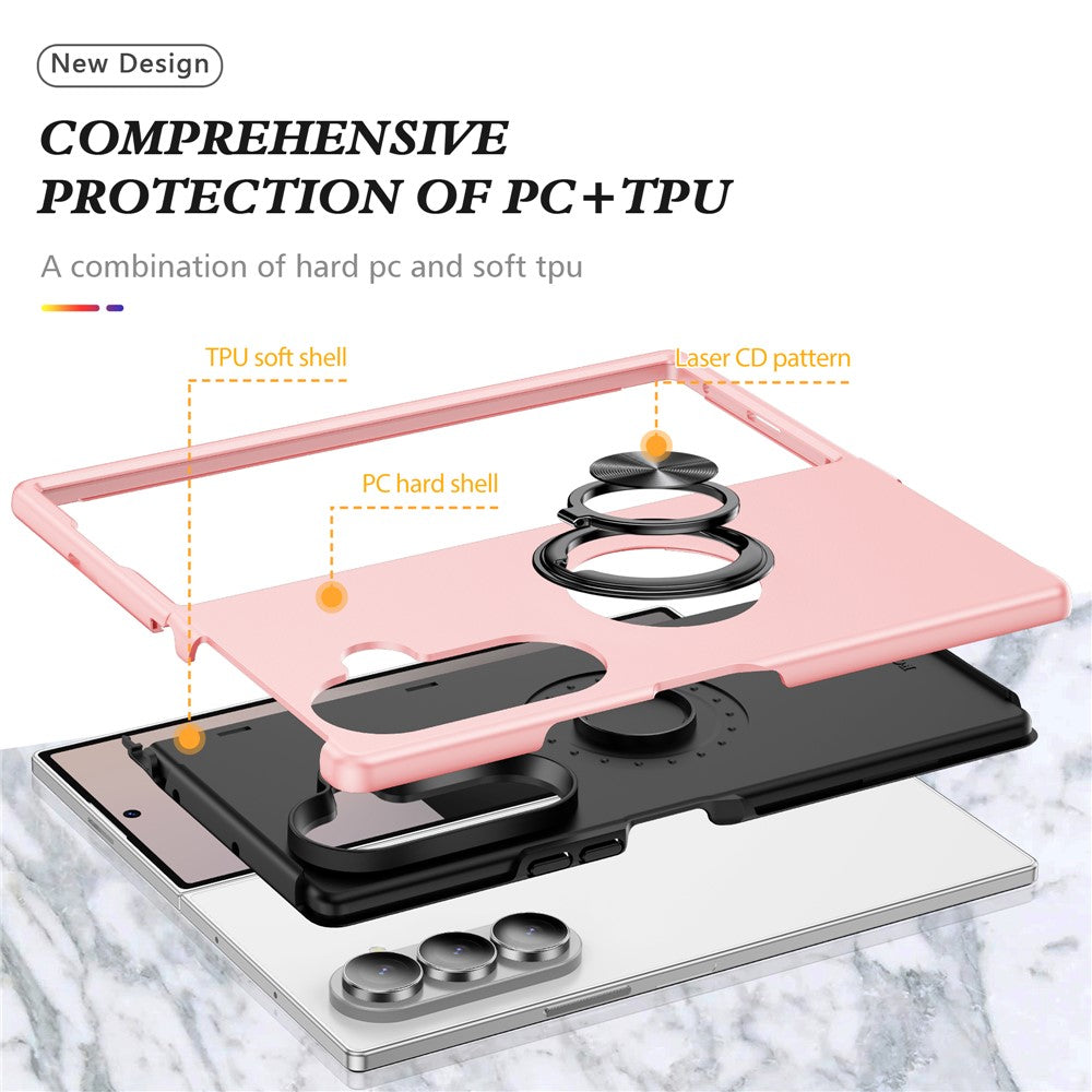 For Samsung Galaxy Z Fold7 5G Case PC + TPU Phone Cover with Rotatable Ring Holder - Rose Gold