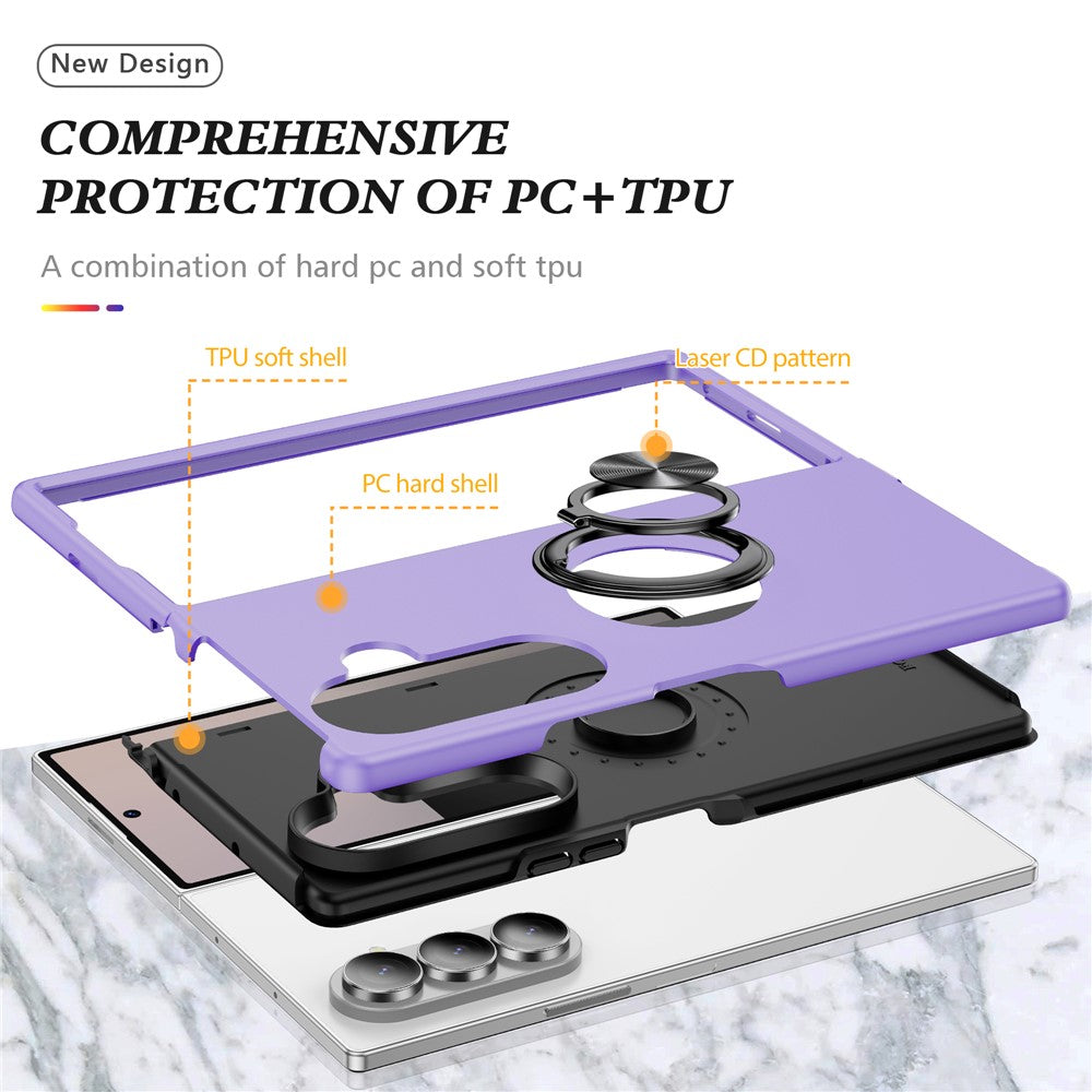 For Samsung Galaxy Z Fold7 5G Case PC + TPU Phone Cover with Rotatable Ring Holder - Purple