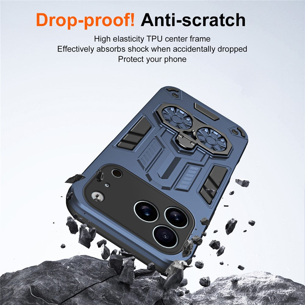 For iPhone 17 Pro Max Case Ring Holder Kickstand PC + TPU Shockproof Phone Cover - Navy Blue