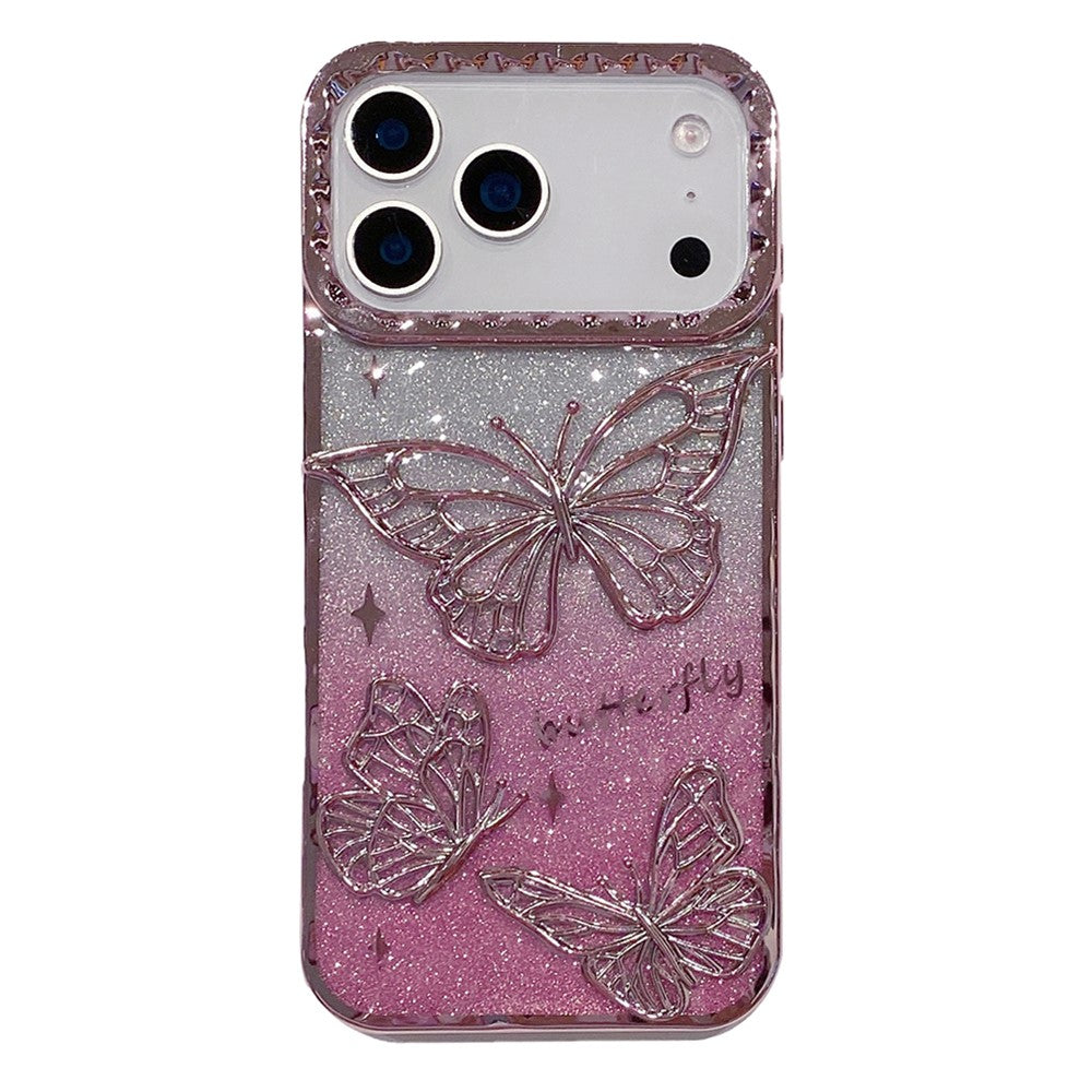 For iPhone 17 Pro Max Case 3D Butterfly TPU Phone Cover with Gradient Glitter Paper - Pink