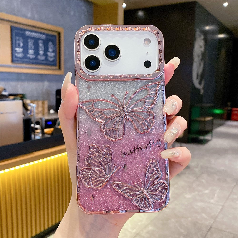For iPhone 17 Pro Max Case 3D Butterfly TPU Phone Cover with Gradient Glitter Paper - Pink