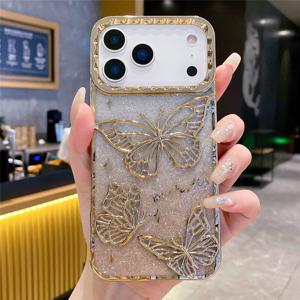 For iPhone 17 Pro Max Case 3D Butterfly TPU Phone Cover with Gradient Glitter Paper - Gold