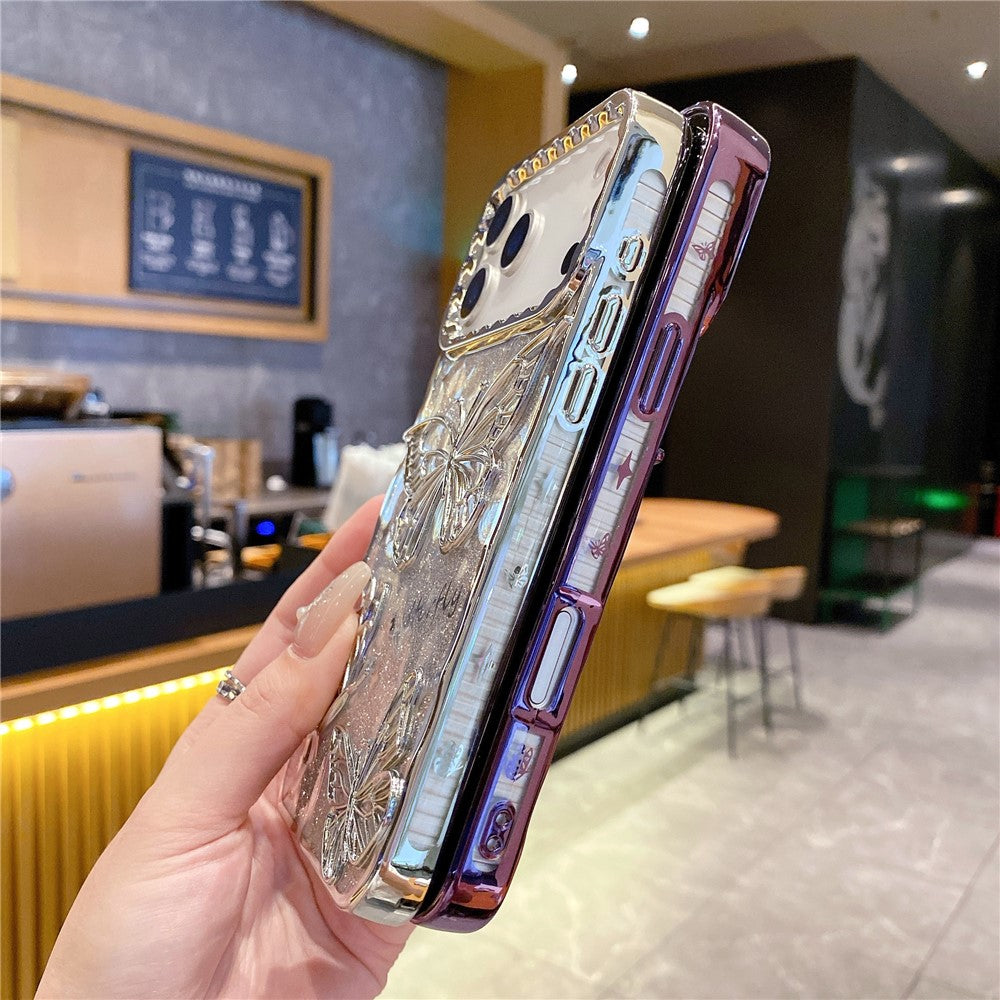 For iPhone 17 Pro Max Case 3D Butterfly TPU Phone Cover with Gradient Glitter Paper - Gold