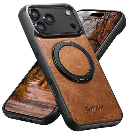 SUTENI G3 For iPhone 17 Pro Max Case Compatible with MagSafe Waxy Texture Rotating Kickstand Leather Phone Back Cover - Brown