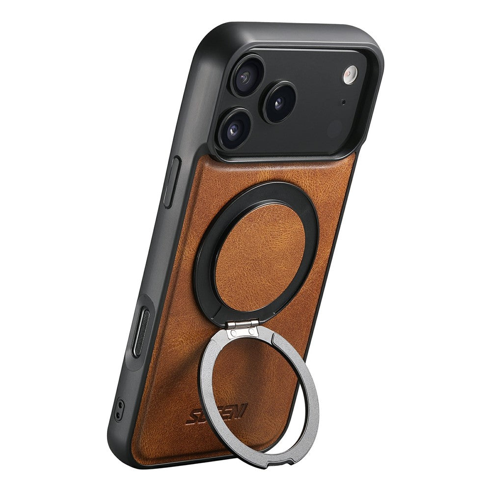 SUTENI G3 For iPhone 17 Pro Max Case Compatible with MagSafe Waxy Texture Rotating Kickstand Leather Phone Back Cover - Brown