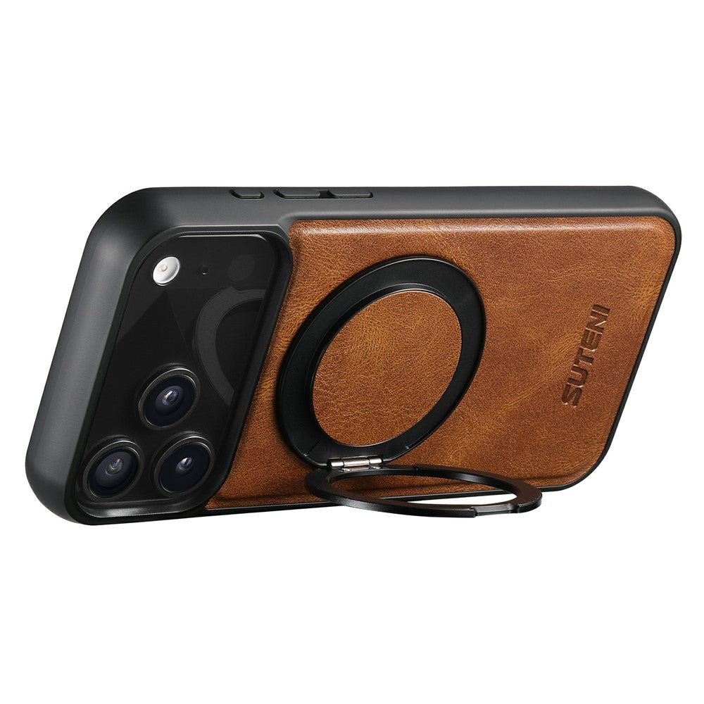 SUTENI G3 For iPhone 17 Pro Max Case Compatible with MagSafe Waxy Texture Rotating Kickstand Leather Phone Back Cover - Brown