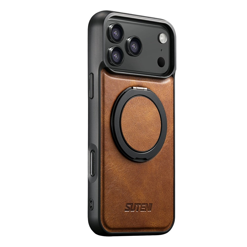 SUTENI G3 For iPhone 17 Pro Max Case Compatible with MagSafe Waxy Texture Rotating Kickstand Leather Phone Back Cover - Brown