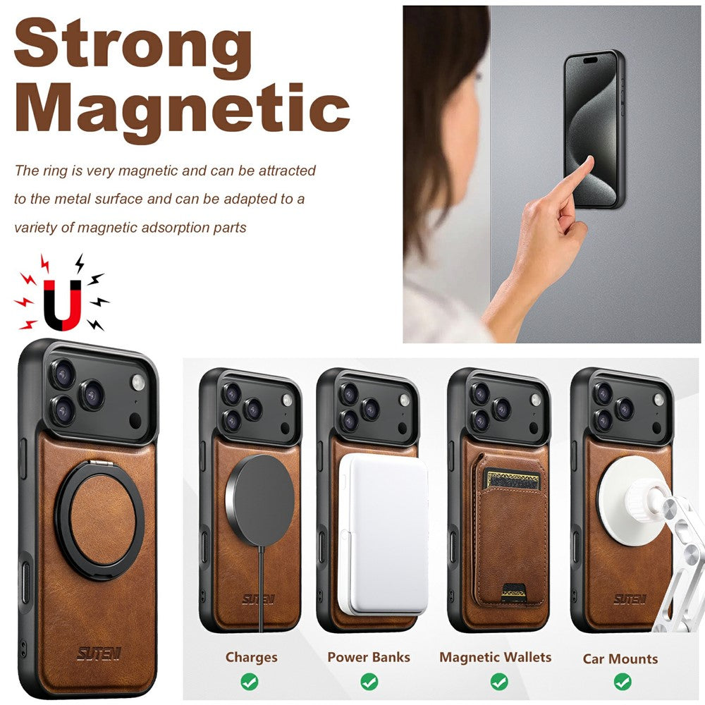 SUTENI G3 For iPhone 17 Pro Max Case Compatible with MagSafe Waxy Texture Rotating Kickstand Leather Phone Back Cover - Brown