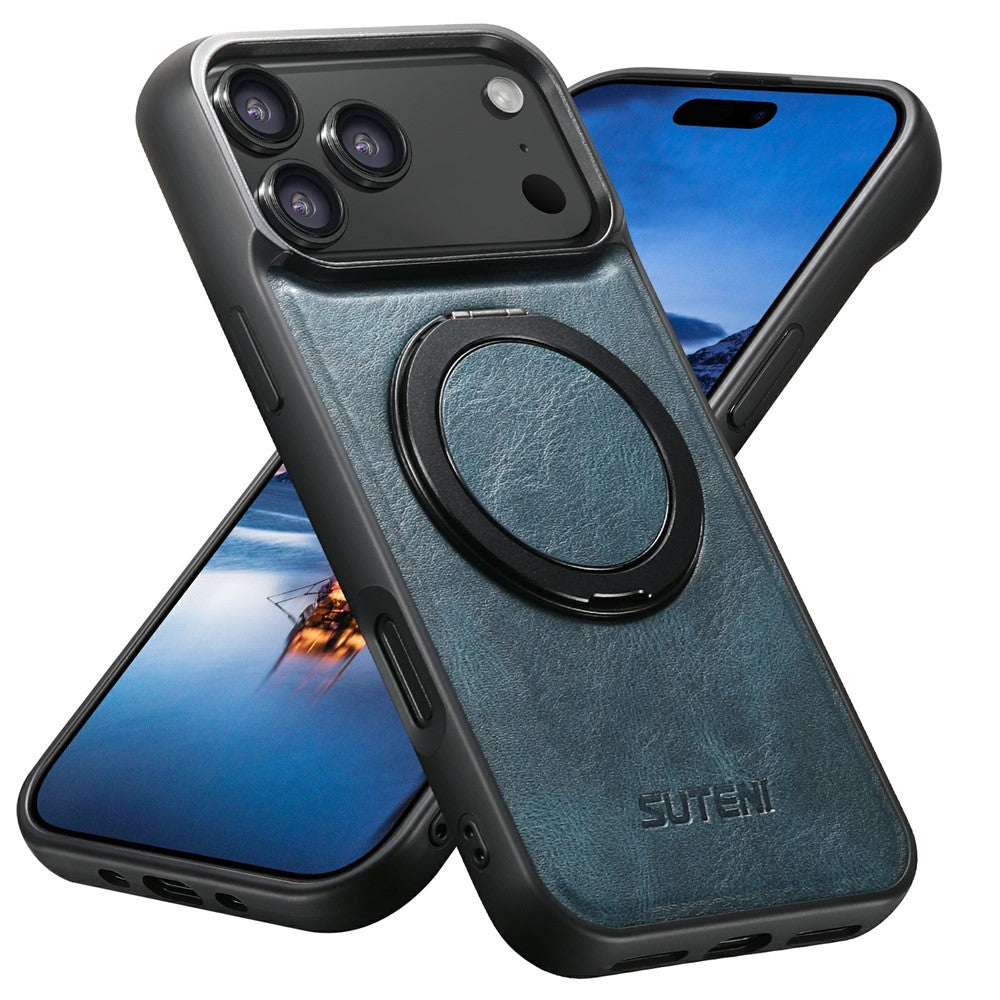 SUTENI G3 For iPhone 17 Pro Max Case Compatible with MagSafe Waxy Texture Rotating Kickstand Leather Phone Back Cover - Blue