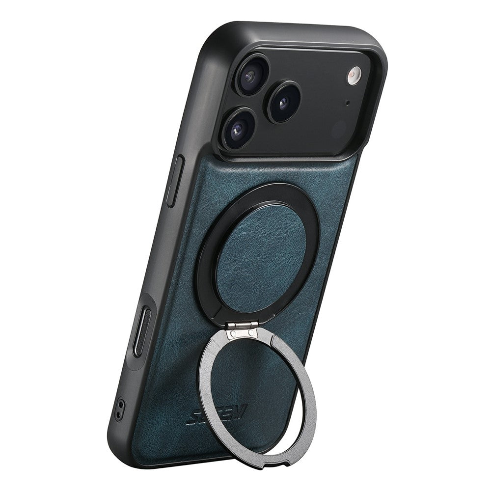 SUTENI G3 For iPhone 17 Pro Max Case Compatible with MagSafe Waxy Texture Rotating Kickstand Leather Phone Back Cover - Blue
