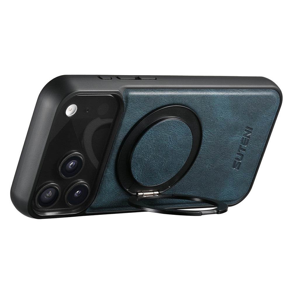 SUTENI G3 For iPhone 17 Pro Max Case Compatible with MagSafe Waxy Texture Rotating Kickstand Leather Phone Back Cover - Blue