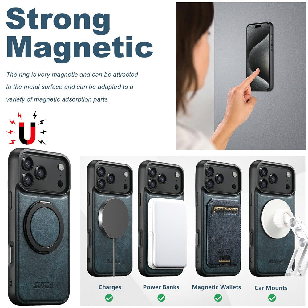 SUTENI G3 For iPhone 17 Pro Max Case Compatible with MagSafe Waxy Texture Rotating Kickstand Leather Phone Back Cover - Blue