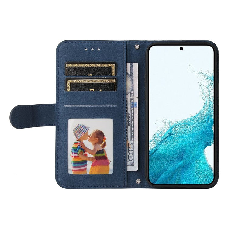 For Samsung Galaxy S23 Scratch-resistant Flip Leather Wallet Case Stand Tree Pattern Metal Button Lines Imprinted Skin-touch Protective Phone Cover with Strap - Blue